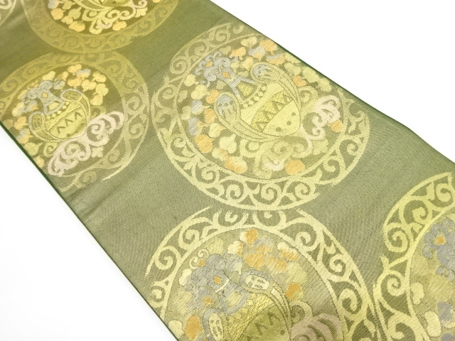 アンティーク　抽象鳥に花丸文様織り出し袋帯（着用可）